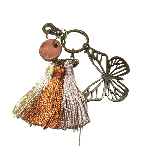 Sakroot Keychain Purse Clip Butterfly Tassels Brown Rust Cream - Picture 2 of 6